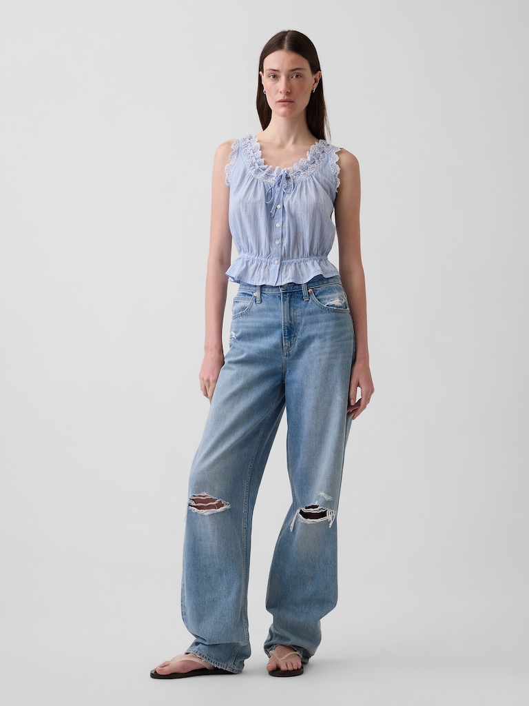 Eyelet Tie-Front Crop Peplum Top