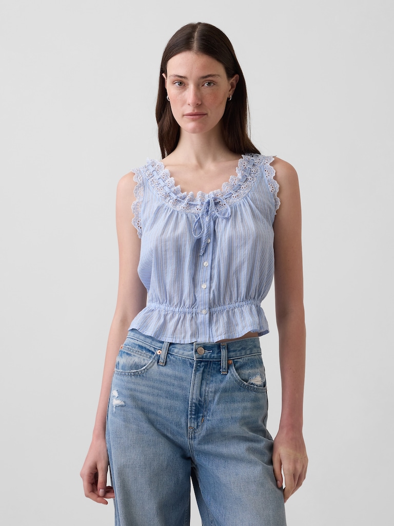 Eyelet Tie-Front Crop Peplum Top