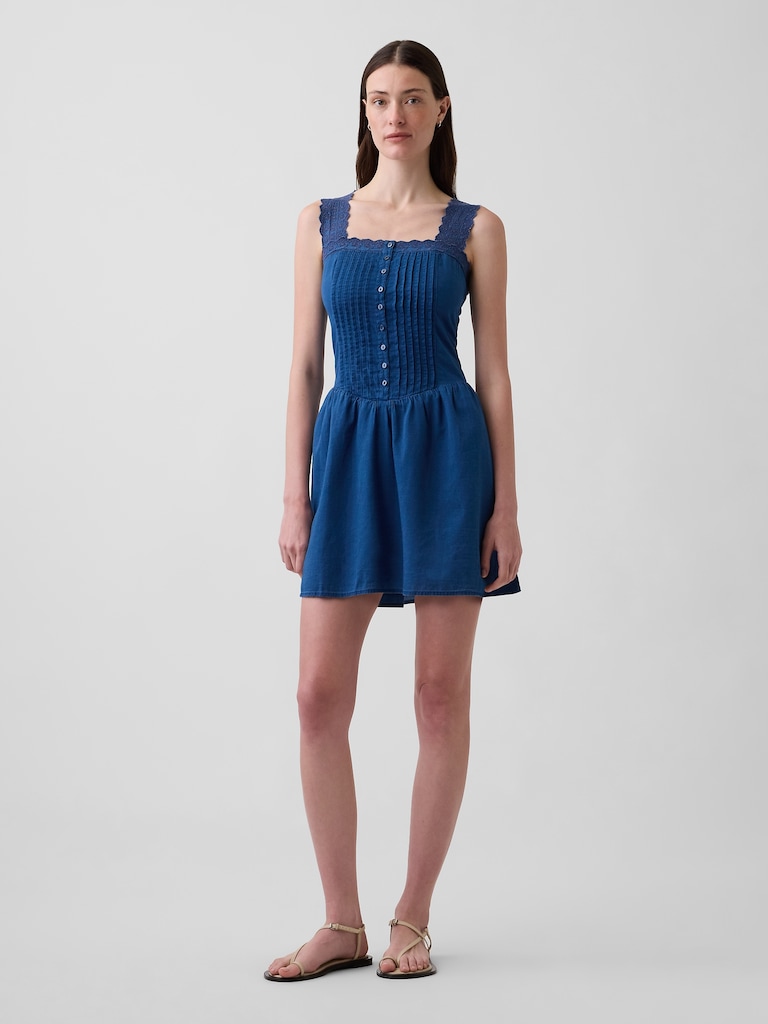 Pintuck Drop-Waist Mini Dress