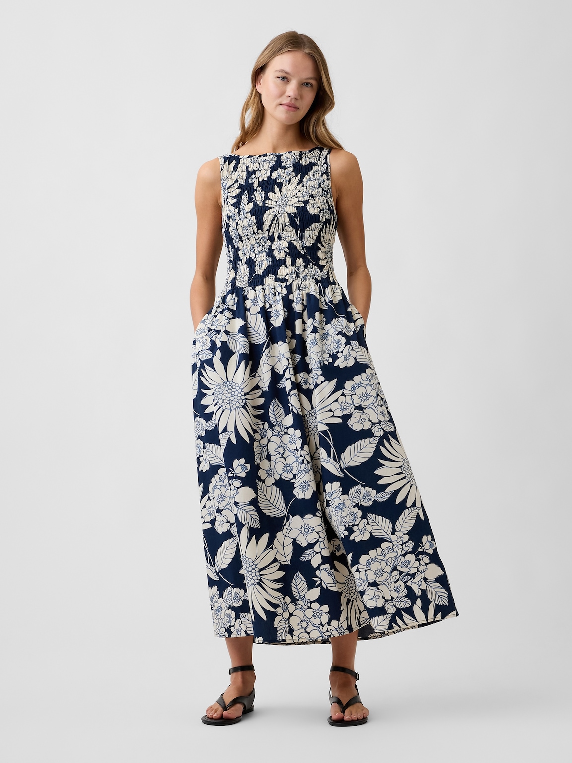 Smocked Boatneck Maxi Dress