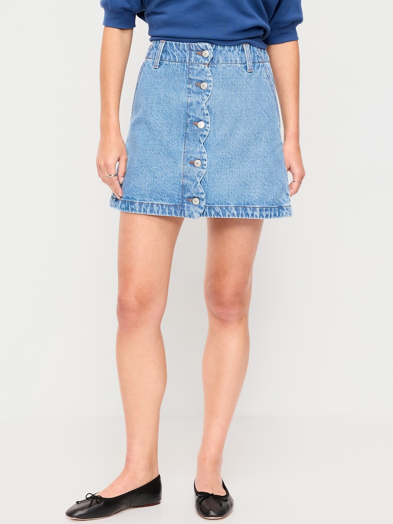 Scalloped-Edge Button-Down Mini Skirt