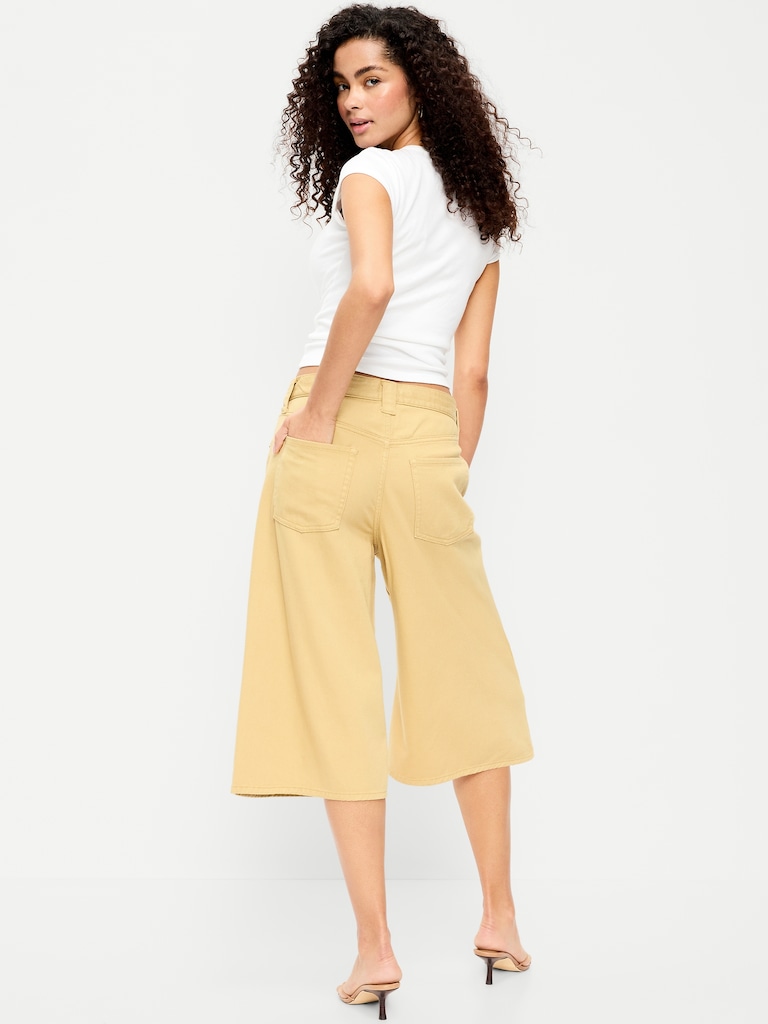 Mid-Rise Baggy Drawstring Wide-Leg Culotte Pants