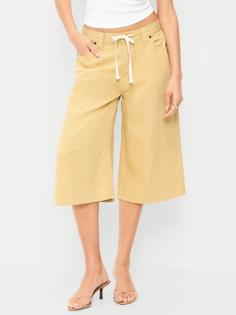 Mid-Rise Baggy Drawstring Wide-Leg Culotte Pants