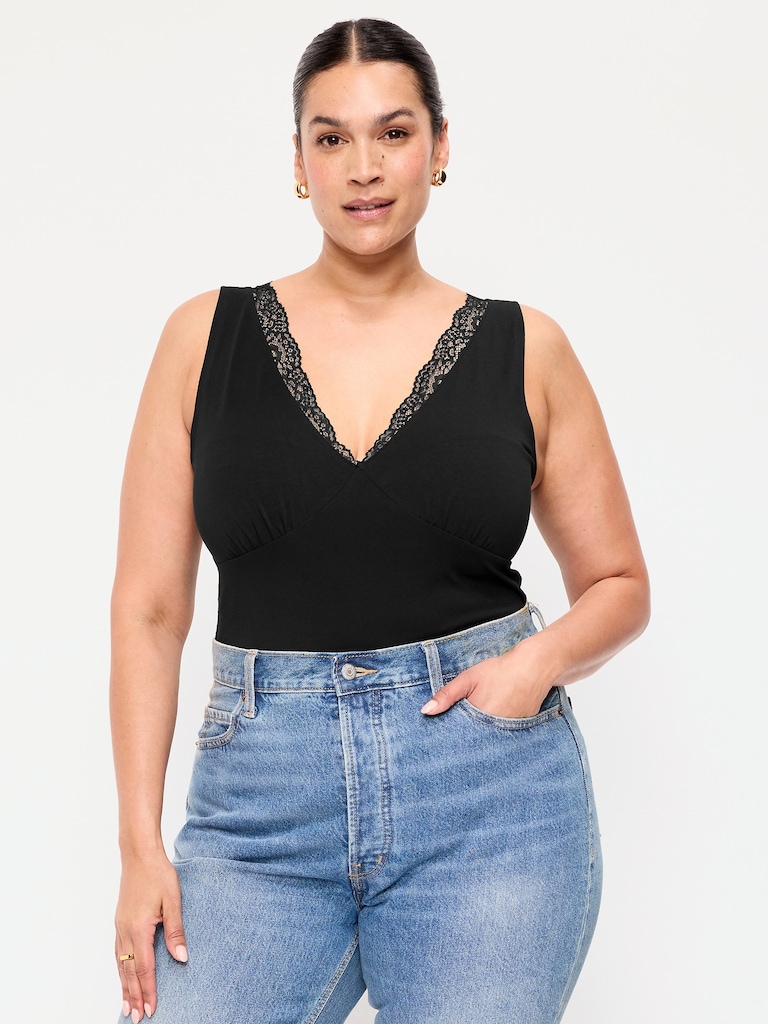 Sleeveless Lace-Trim V-Neck Ribbed Top