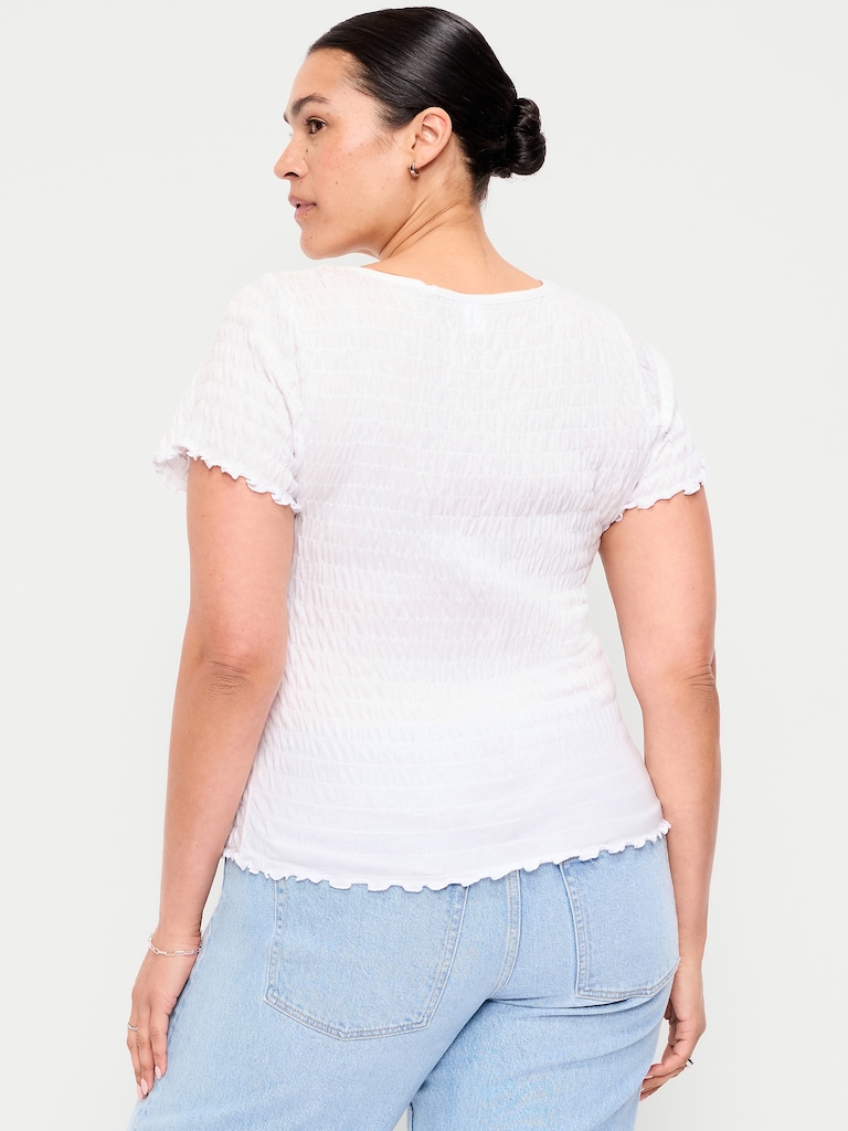 Slit-Neck Smocked Graphic Top