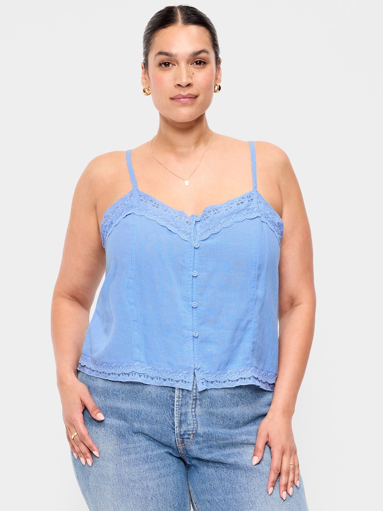 Lace-Trim Linen-Blend Cami Tank Top