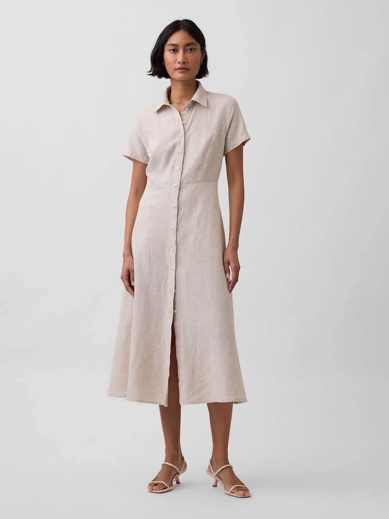 Robe-chemisier mi-longue en mélange de lin