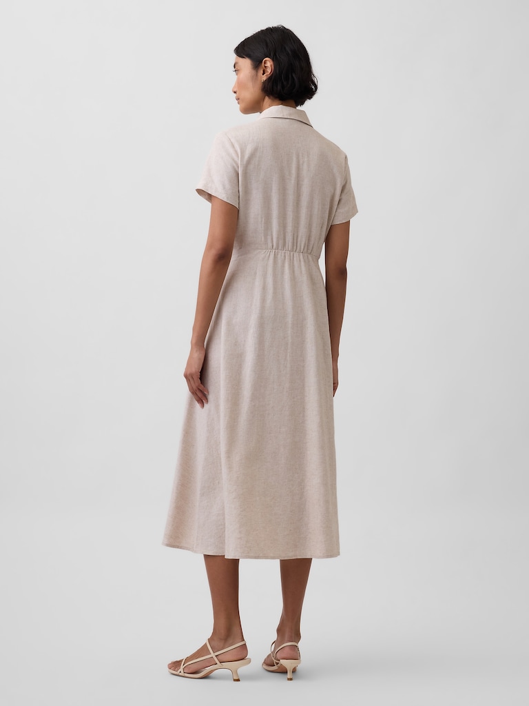 Robe-chemisier mi-longue en mélange de lin