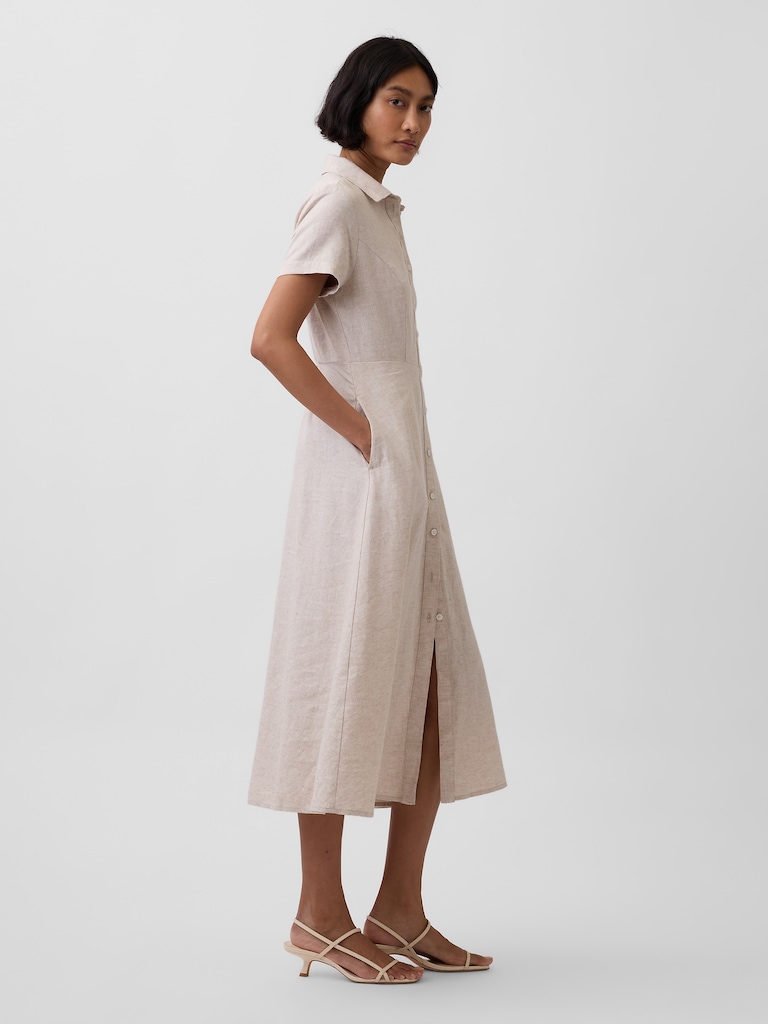 Robe-chemisier mi-longue en mélange de lin