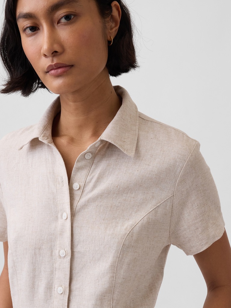 Robe-chemisier mi-longue en mélange de lin