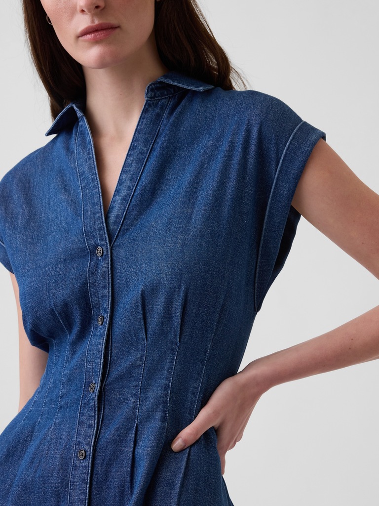 Denim Pleated Mini Shirtdress