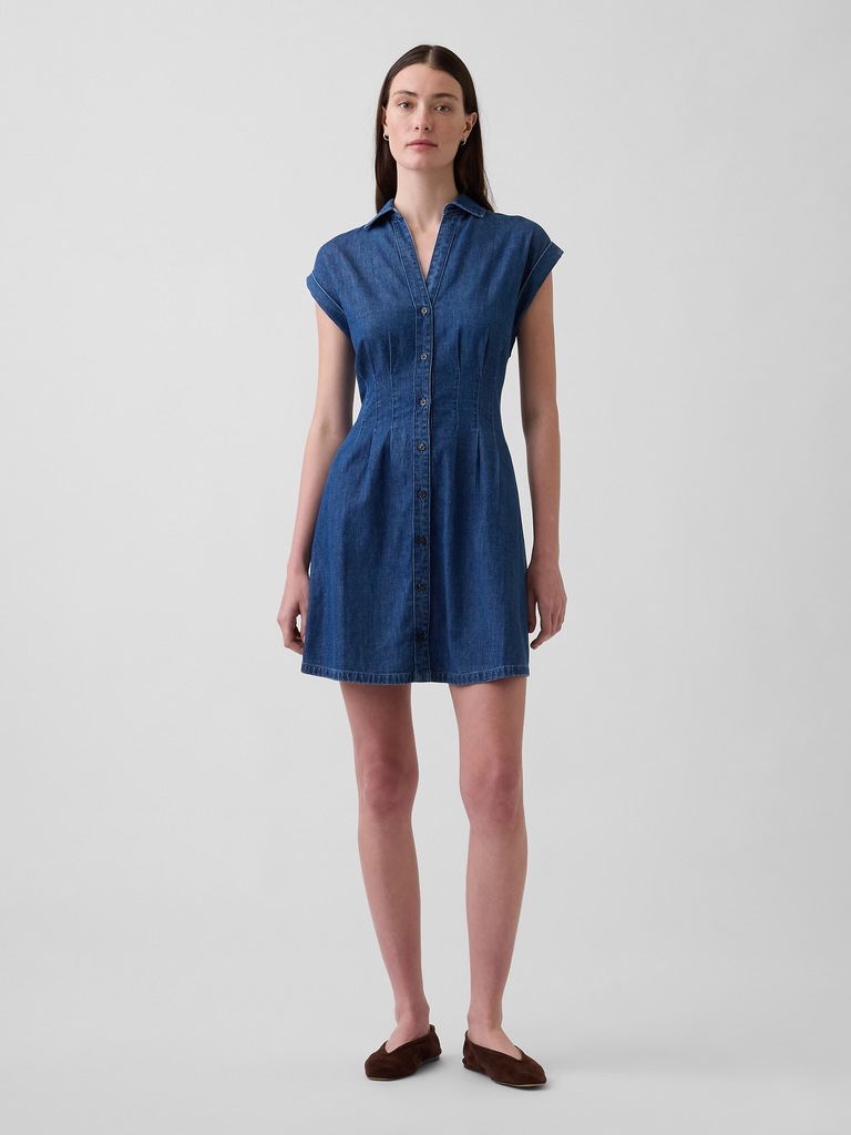 Denim Pleated Mini Shirtdress