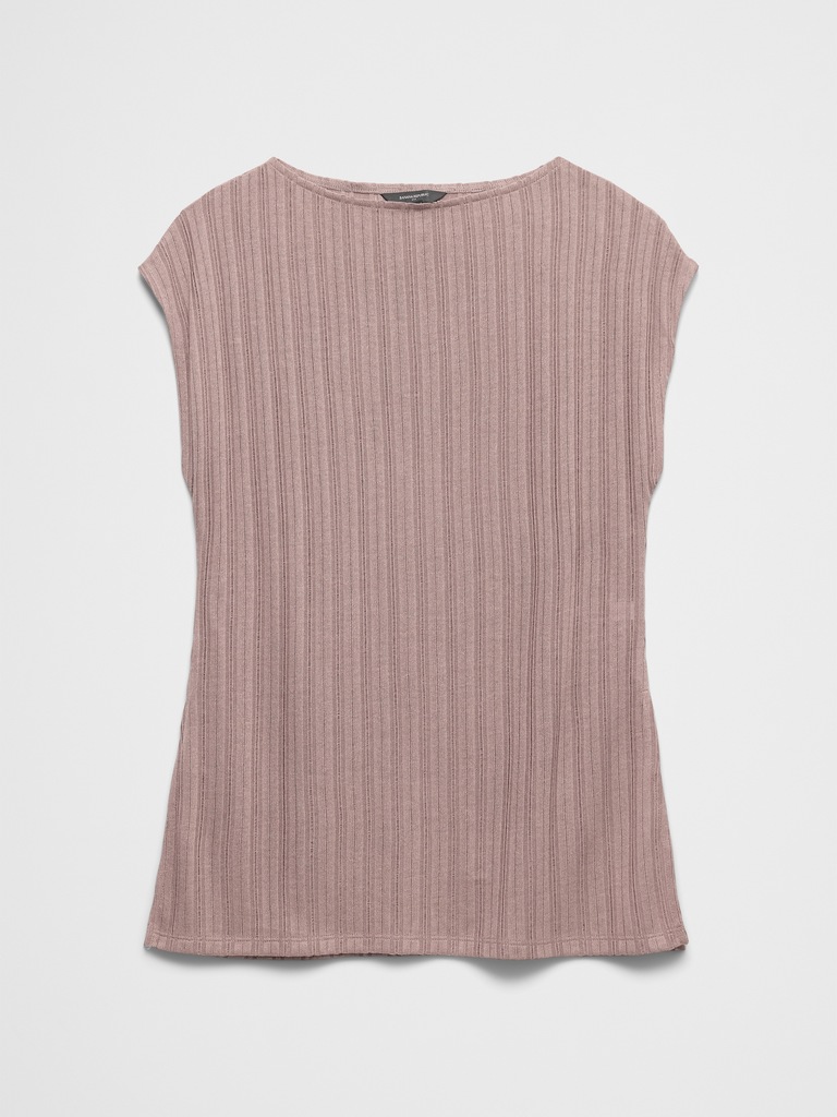 Sheer Ribbed Straight-Neck Top