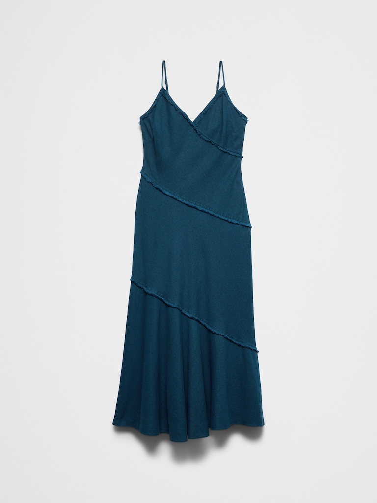 Linen-Blend Fray-Edges Midi Dress