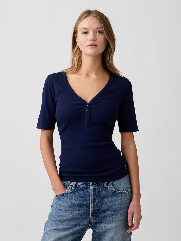 Modern Ribbed V-Neck Henley Top