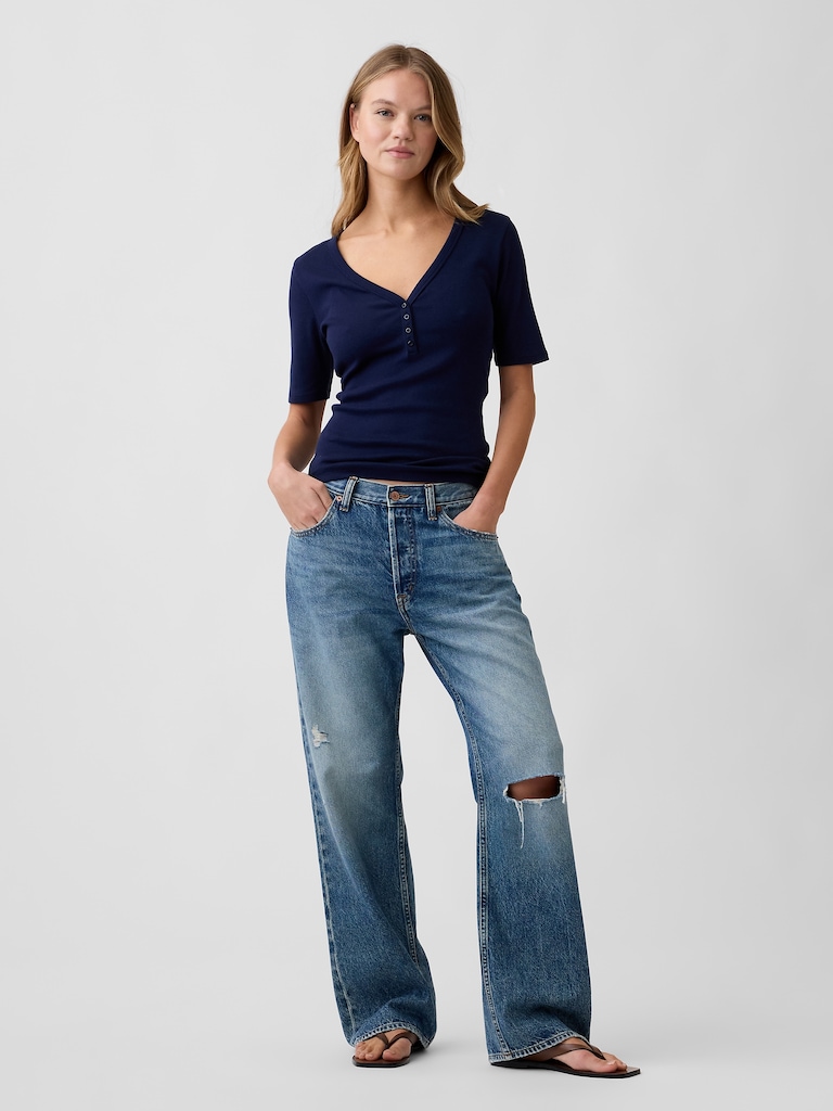 Modern Ribbed V-Neck Henley Top