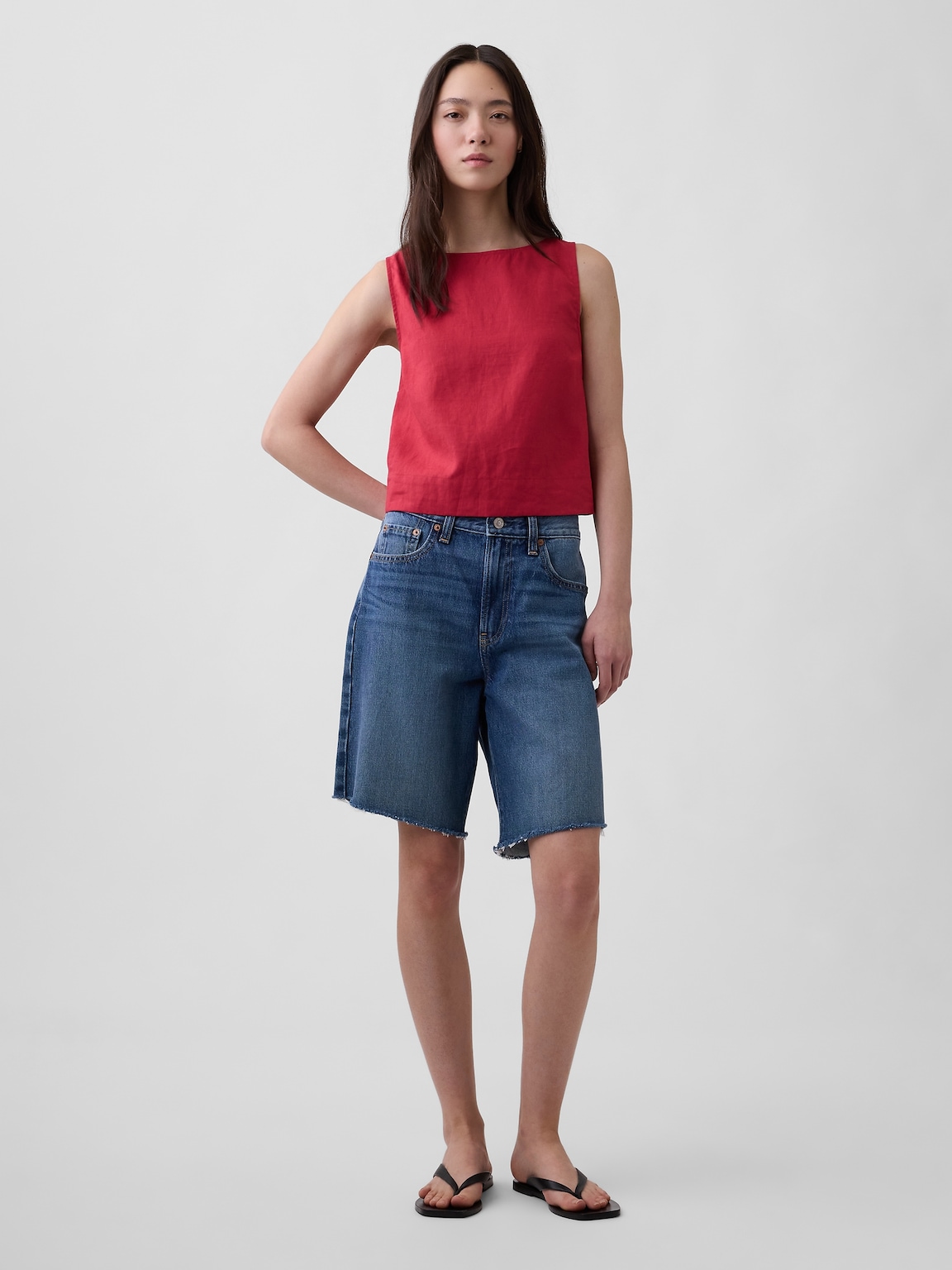 Linen-Blend Crop Shell Tank Top