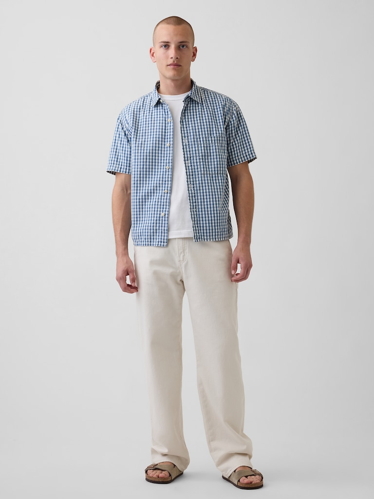 Gingham Denim Relaxed Straight-Hem Shirt