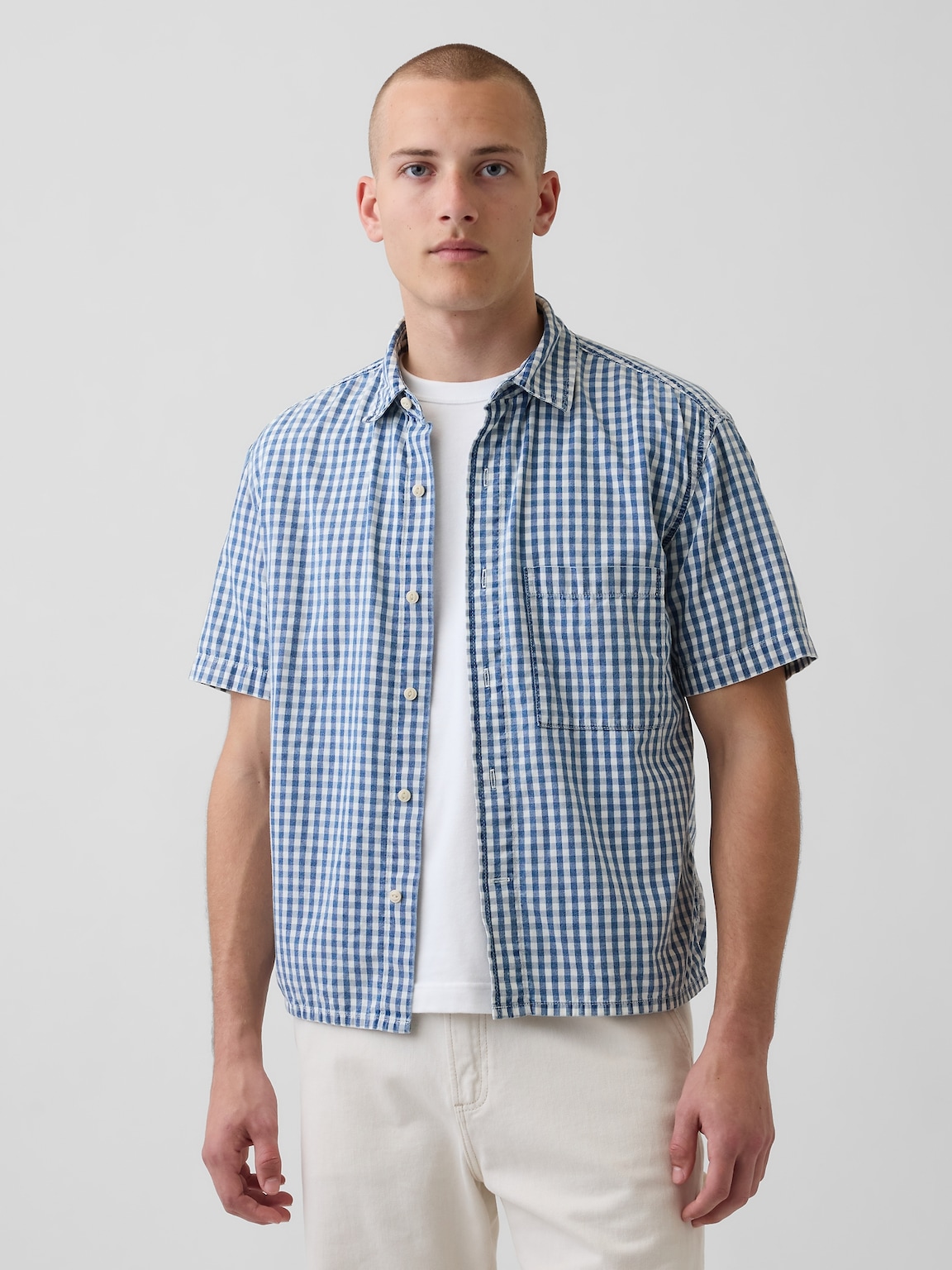 Gingham Denim Relaxed Straight-Hem Shirt