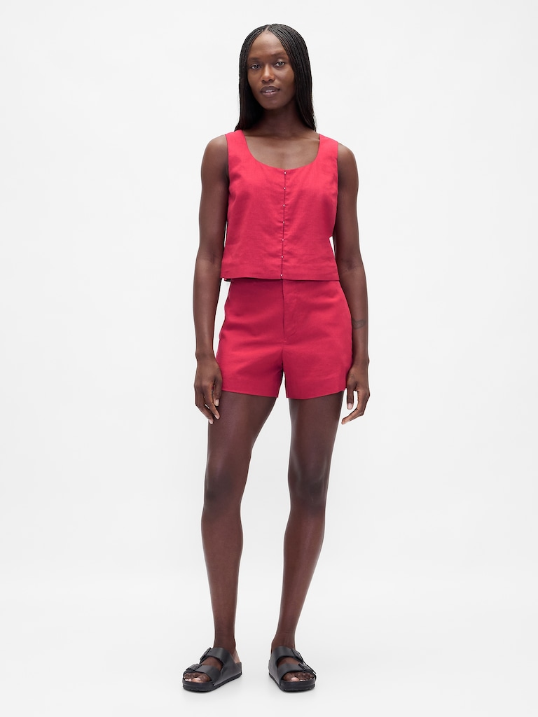 Linen-Blend Hook-Front Crop Shell Top
