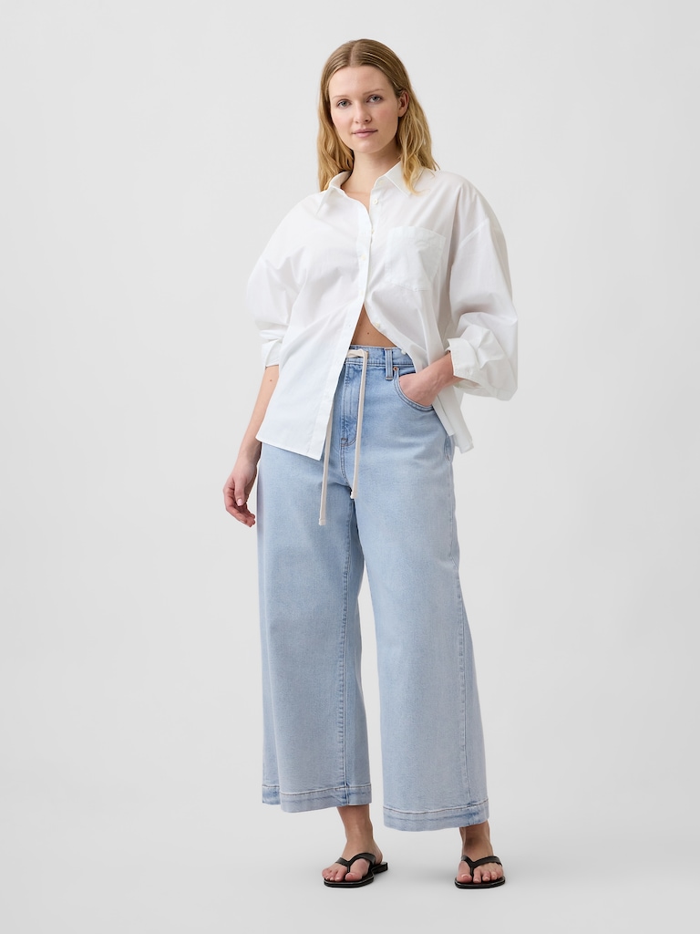 High Rise Drawstring Wide-Leg Crop Jeans