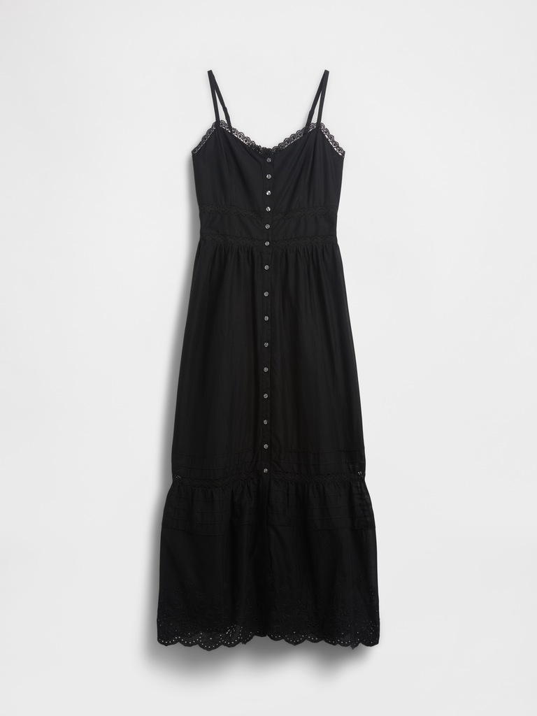 Lace-Trim Button-Front Maxi Dress