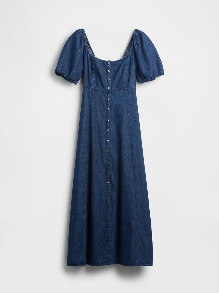 Denim Puff-Sleeve Button-Front Maxi Dress
