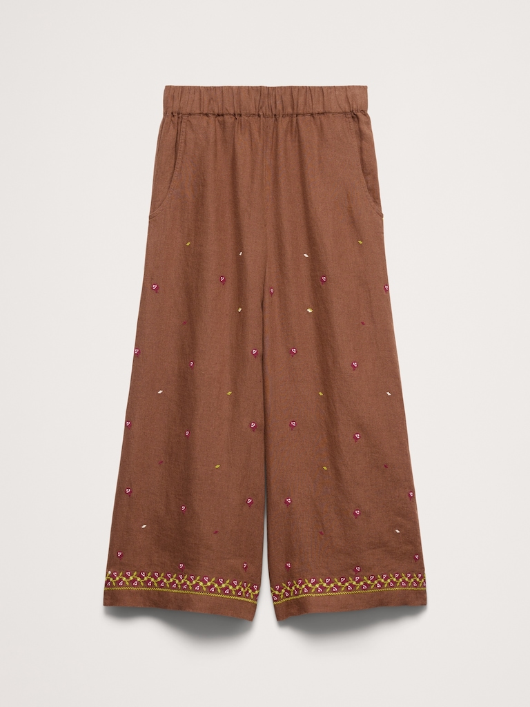 The Pull-On Wide-Leg Ankle Pant in Embroidered Linen