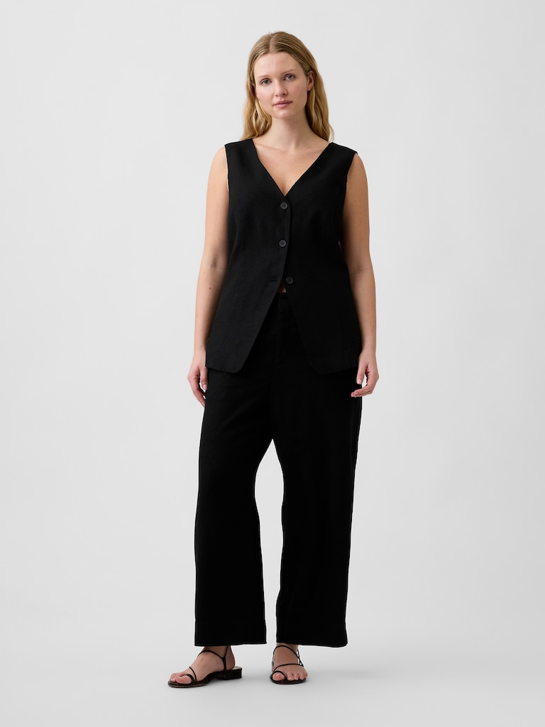 High Rise Linen-Blend Straight Crop Pants