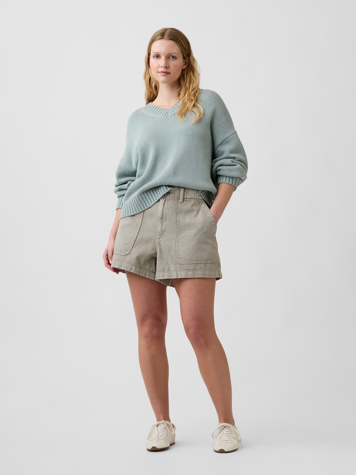 4" High Rise Soft Denim Utility Shorts