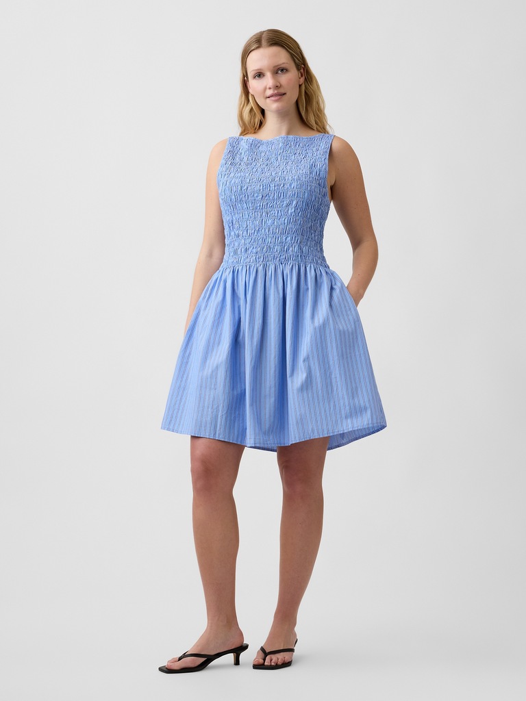 Smocked Boatneck Mini Dress