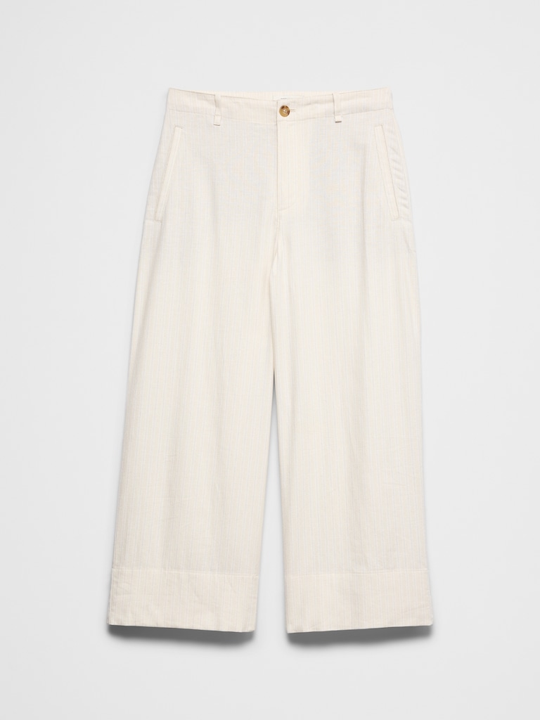 Wide-Leg High-Rise Stripe Linen-Blend Cropped Pant