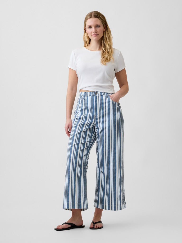 High Rise Stripe Wide-Leg Crop Jeans