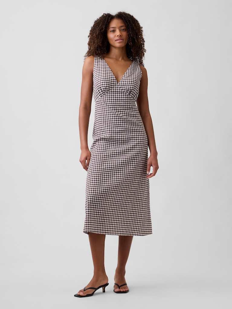 Linen-Blend V-Neck Midi Dress