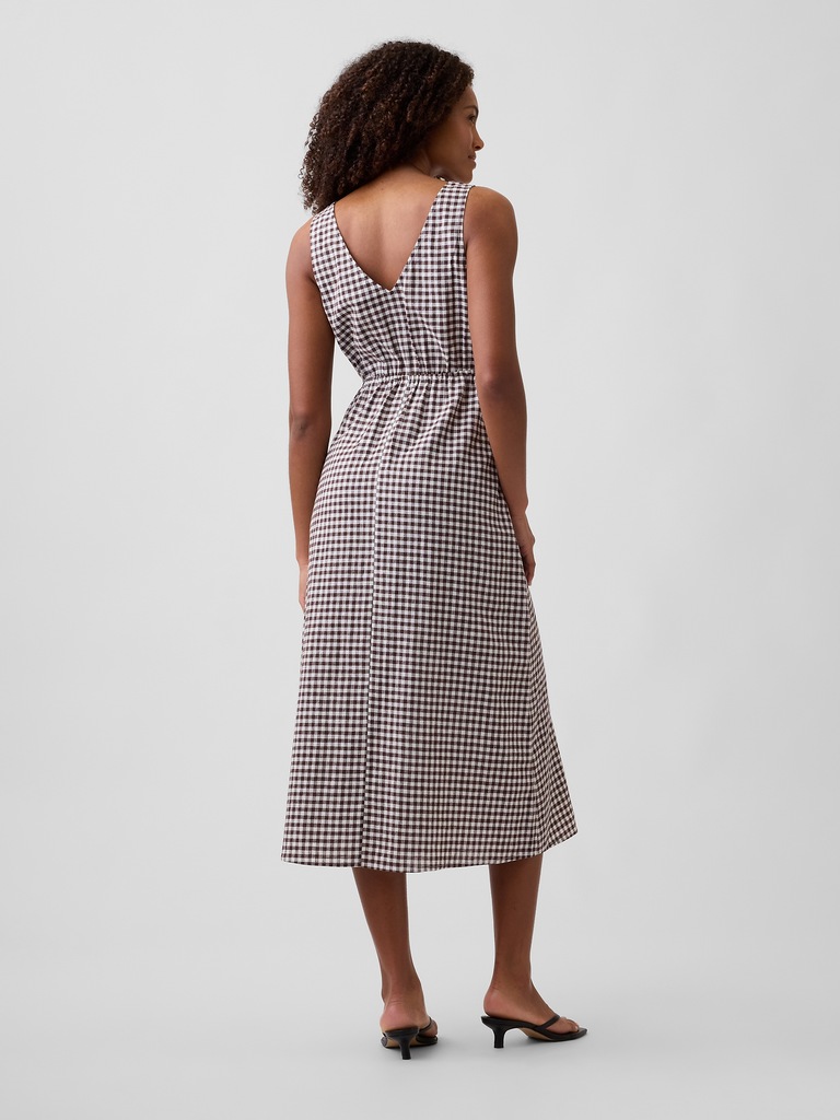 Linen-Blend V-Neck Midi Dress