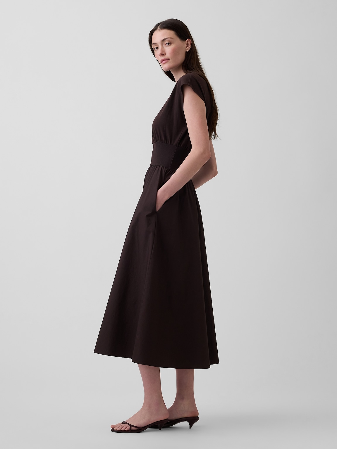 Mixed Media Drop-Waist Midi Dress