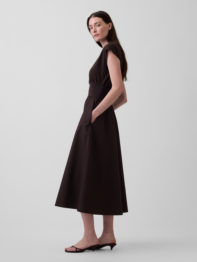 Mixed Media Drop-Waist Midi Dress