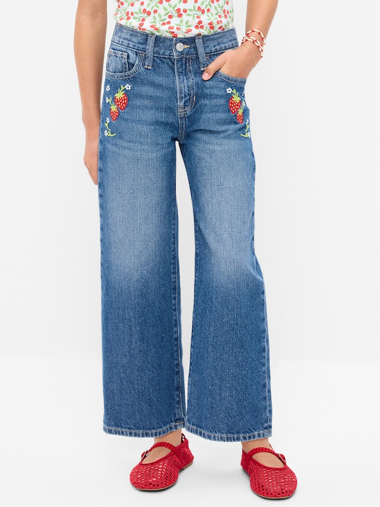 High-Waisted Baggy Embroidered Wide-Leg Jeans for Girls