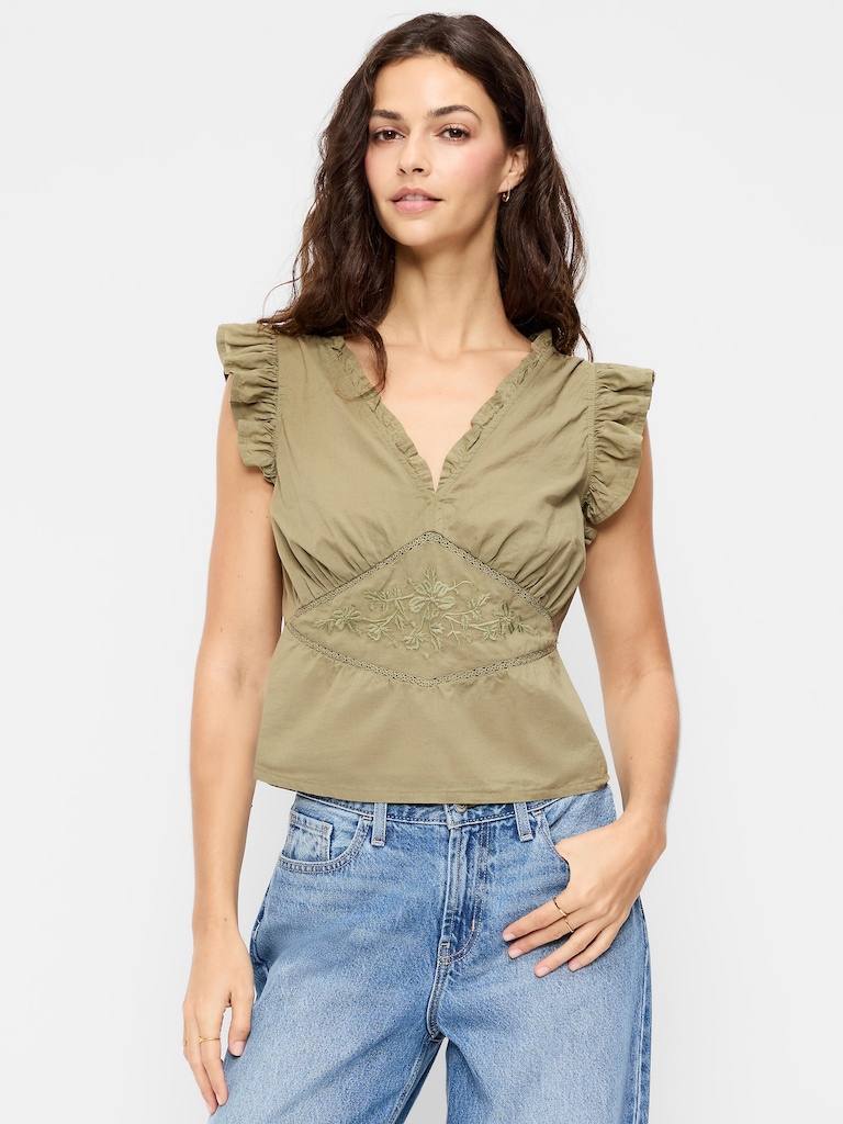 Flutter-Sleeve Emboirdered Top