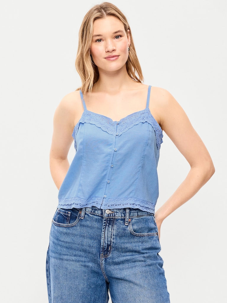 Lace-Trim Linen-Blend Cami Tank Top