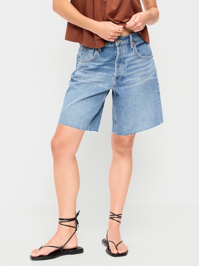 Mid-Rise Baggy Jean Cut-Off Shorts -- 9-inch inseam