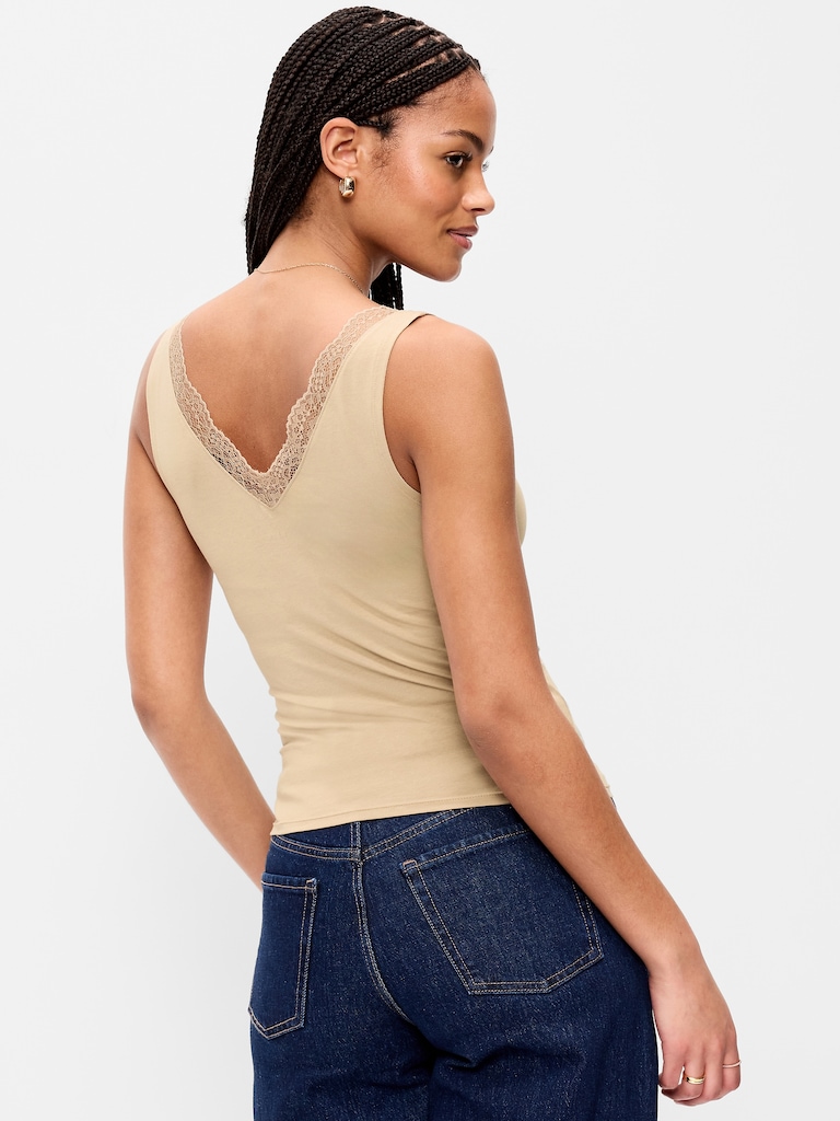 Sleeveless Lace-Trim V-Neck Ribbed Top