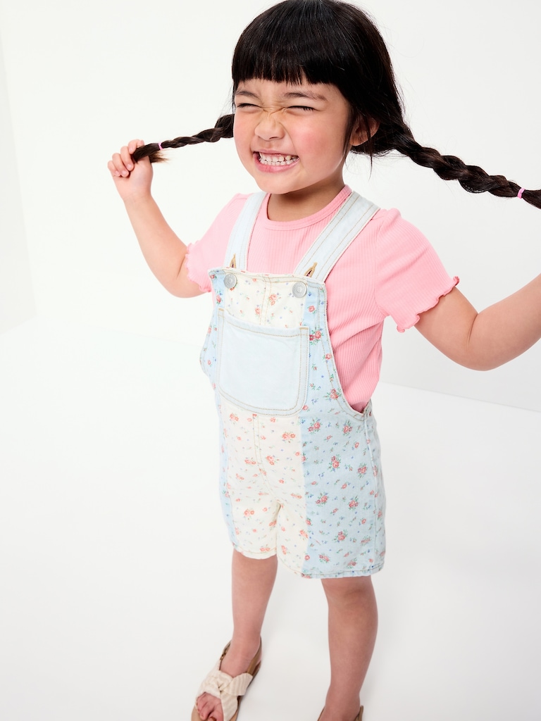 Printed Baggy Denim Shortalls for Toddler Girls