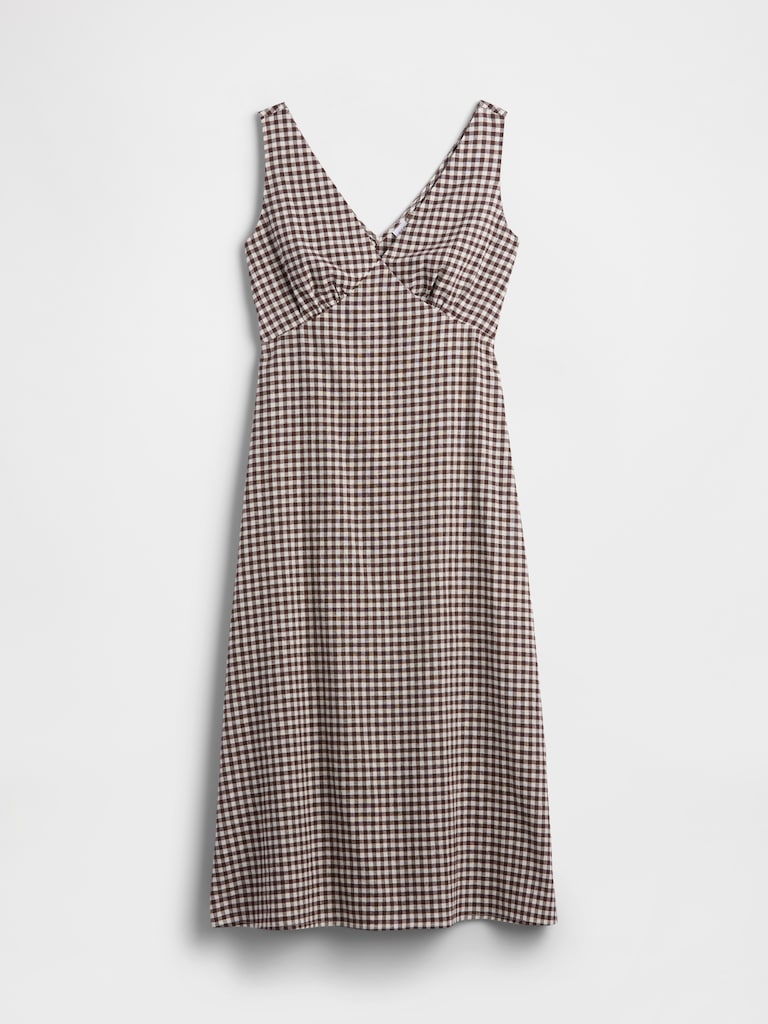 Linen-Blend V-Neck Midi Dress