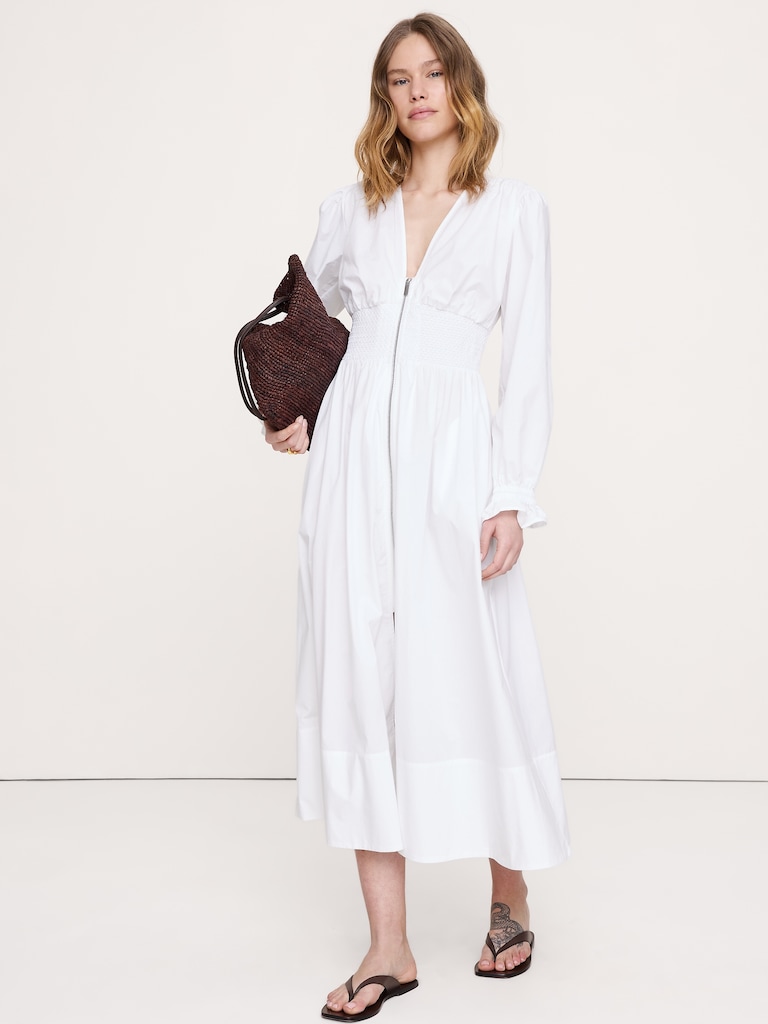 Cotton Poplin Smocked-Waist Maxi Dress
