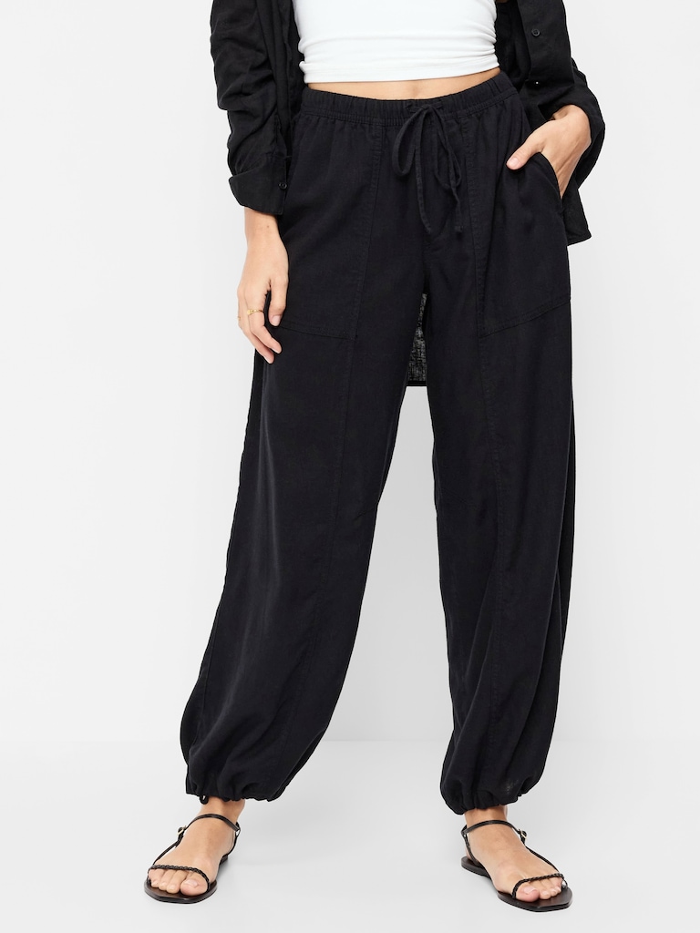 Mid-Rise Linen-Blend Cinched-Ankle Pants