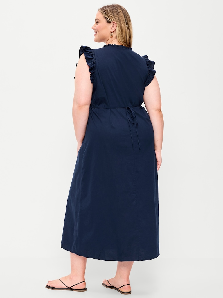 Ruffle-Trim V-Neck Midi Dress