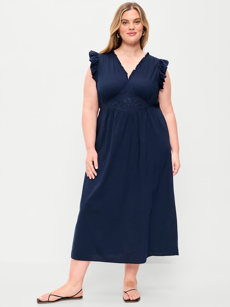 Ruffle-Trim V-Neck Midi Dress