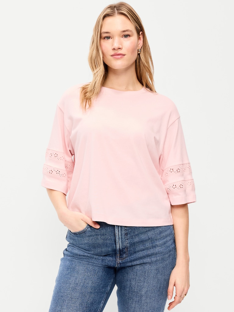Vintage Crew-Neck Cropped Lace-Trim T-Shirt