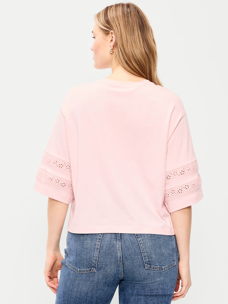 Vintage Crew-Neck Cropped Lace-Trim T-Shirt